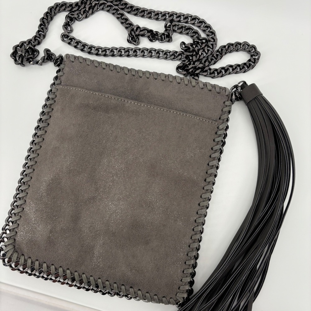 INZI Crossbody Bag Womens Small Grey Excellent Whipstitch Chain Tassel Edgy